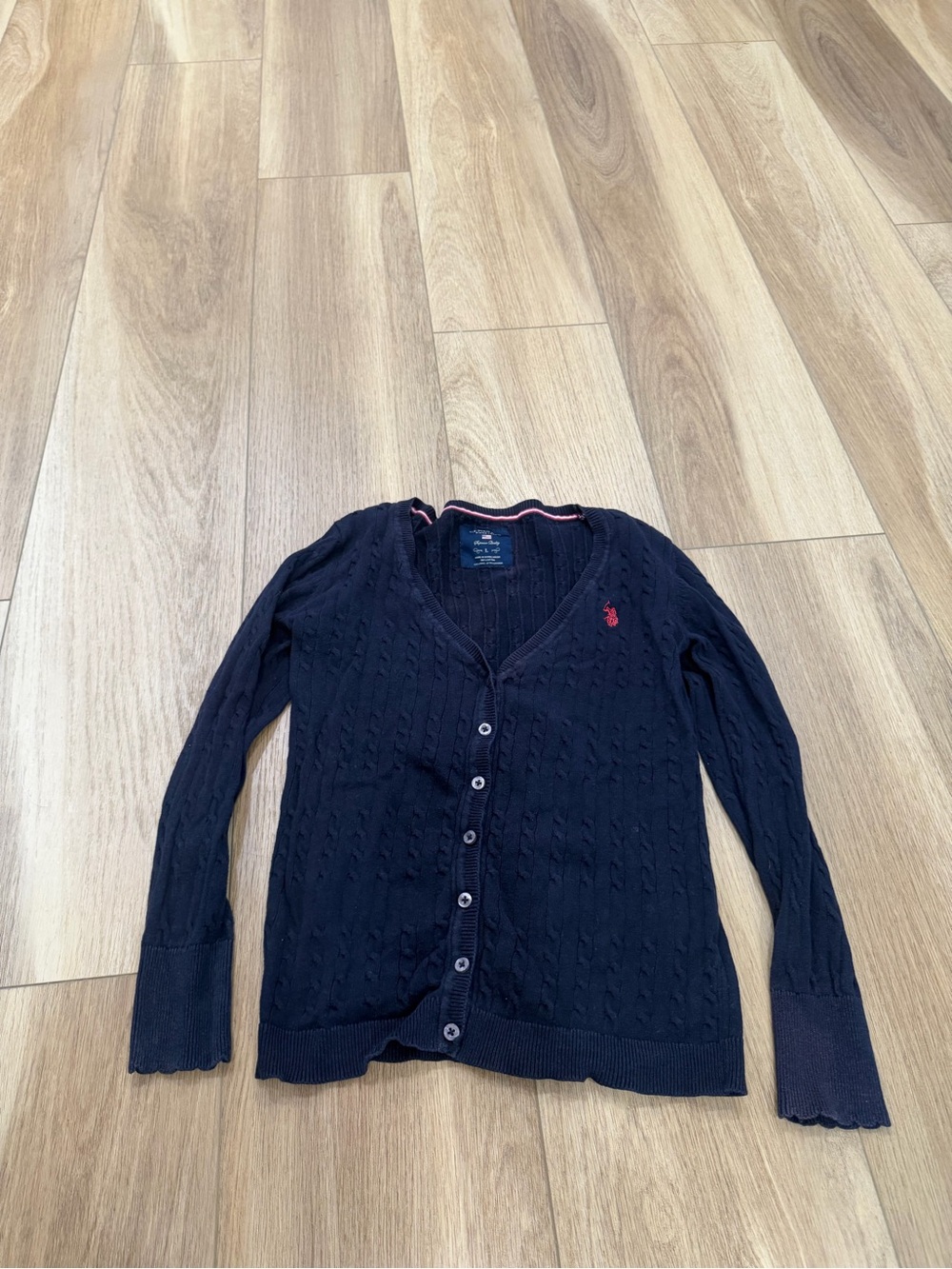 US Polo Assn Navy Cable-Knit V-Neck Cardigan with Polo Logo